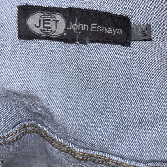 John Eshaya JET Blue Denim Gray Knit Sleeve Jean Jacket Women's Size M/L - Picture 14 of 15